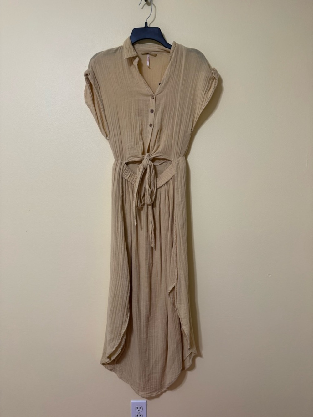 Free People Pale Yellow Button-Front Tie-Waist Maxi Dress